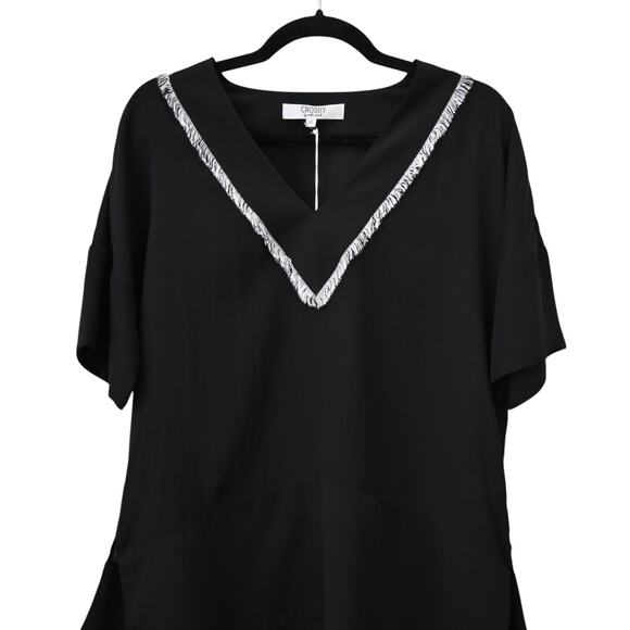 CROSBY Mollie Burch Suzie Tunic Top Black Sz XS Fringe V Neckline Short Sleeve - Picture 2 of 7
